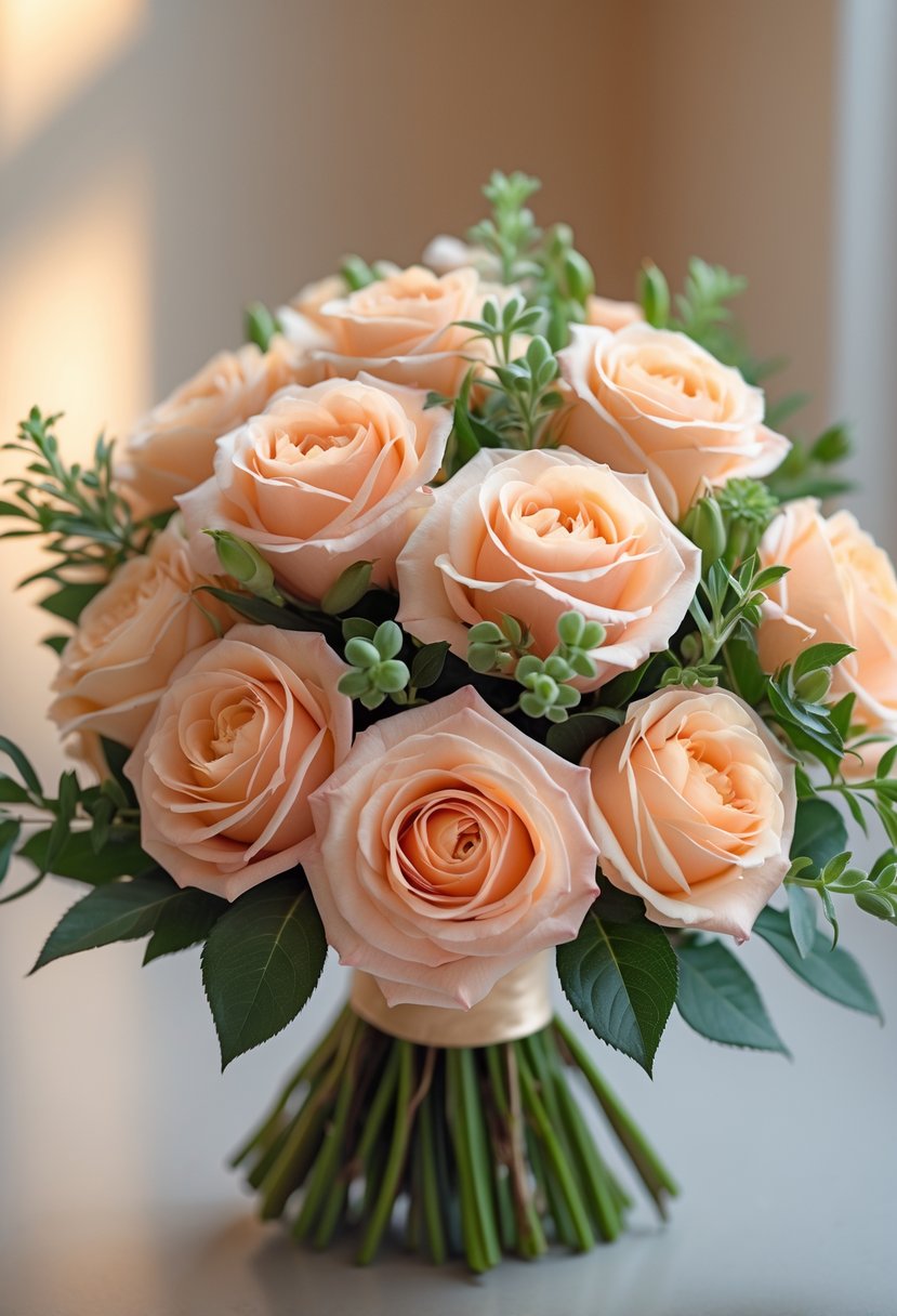 A small bouquet of peach garden roses with green leaves against a softly blurred background.