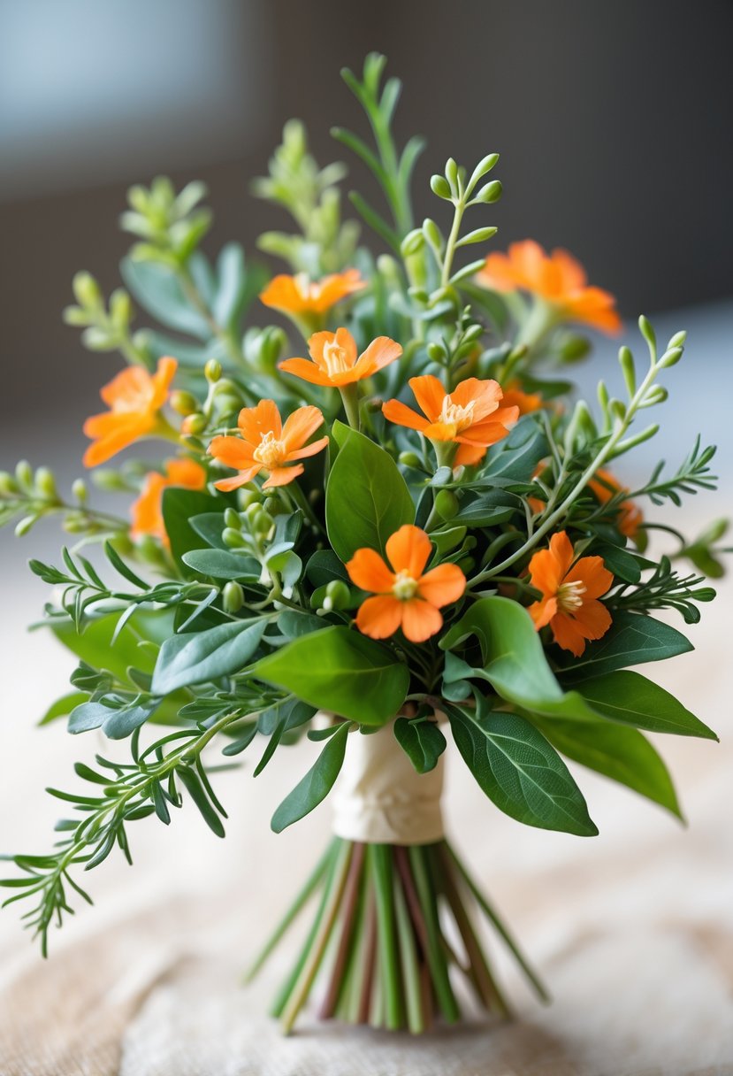 A small bouquet with tiny orange flowers and green leaves arranged together.