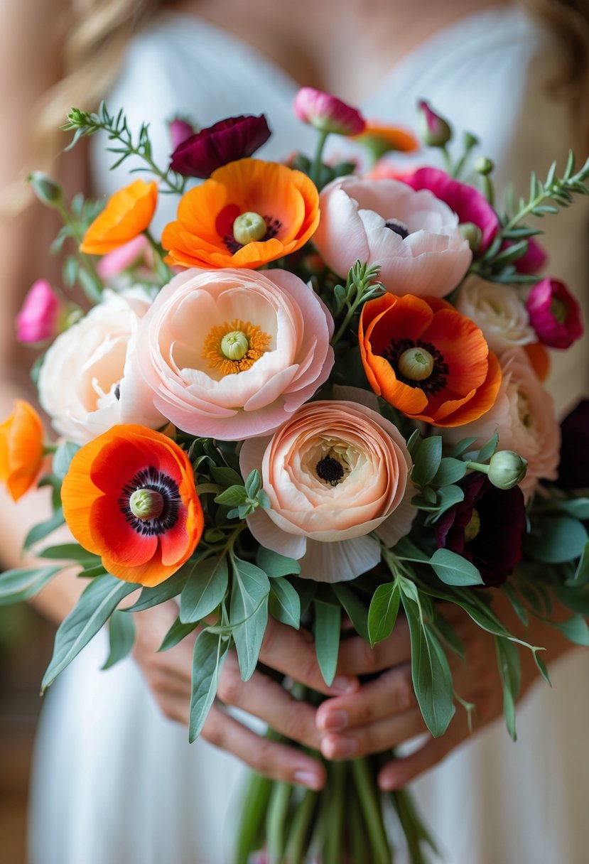 A compact bouquet of ranunculus, poppies, and sweet pea flowers held in hands with a blurred background.