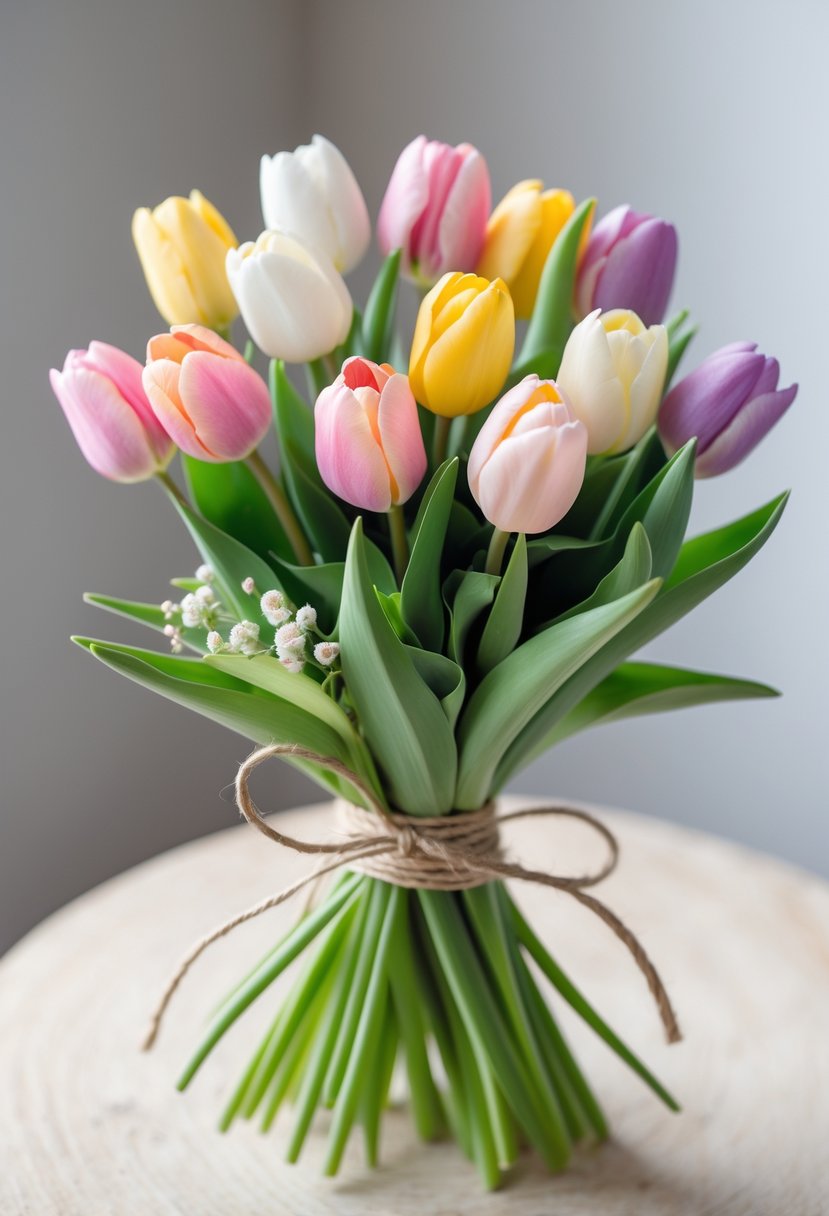 A small bouquet of mixed pastel tulips tied with twine resting on a wooden surface.