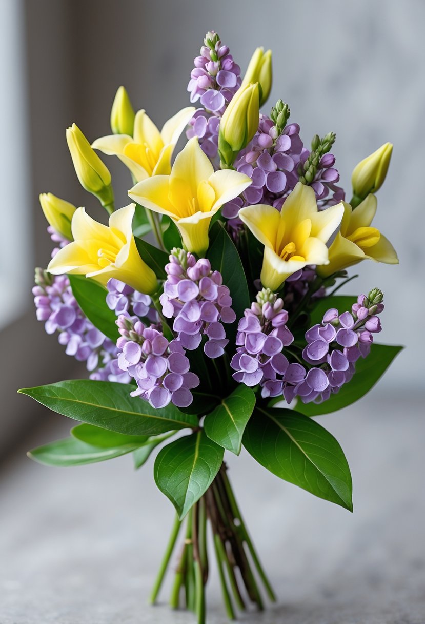 A small bouquet of yellow freesia and purple lilac flowers with green leaves.