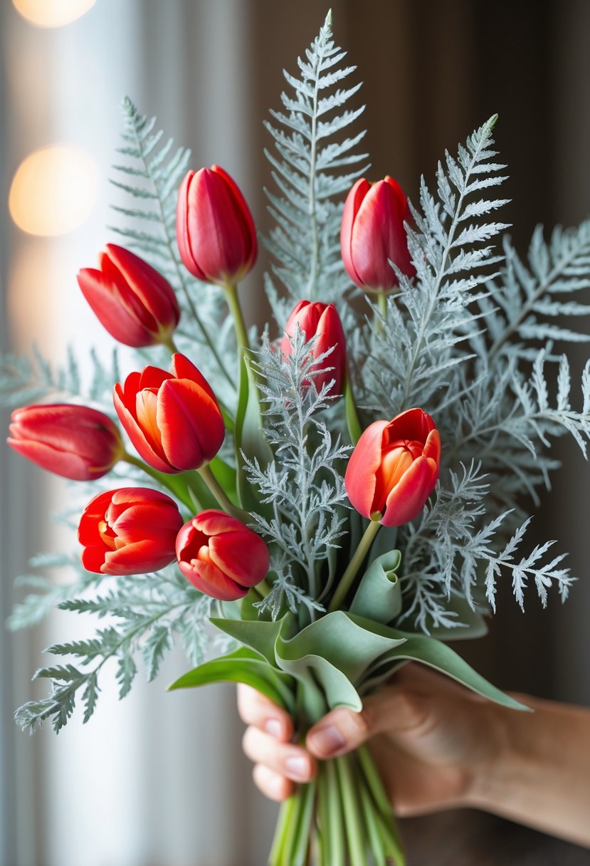 A small bouquet of red tulips and silvery dusty miller leaves.