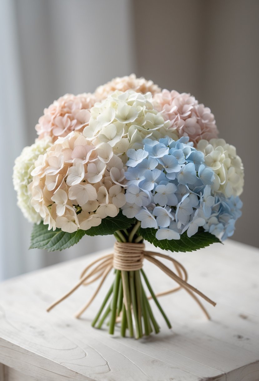 A small wedding bouquet of pastel hydrangea flowers tied with a ribbon, placed on a light wooden surface.