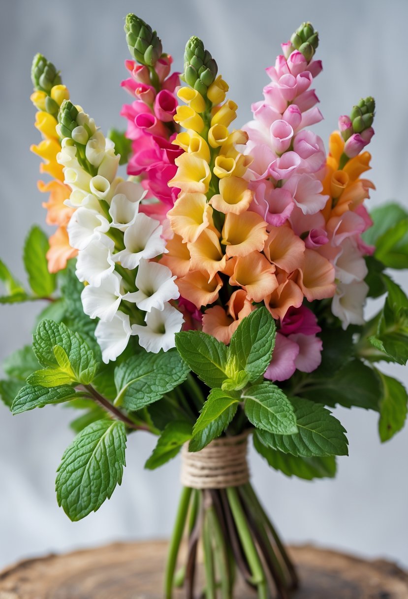 A small wedding bouquet featuring colorful snapdragons and green mint leaves.