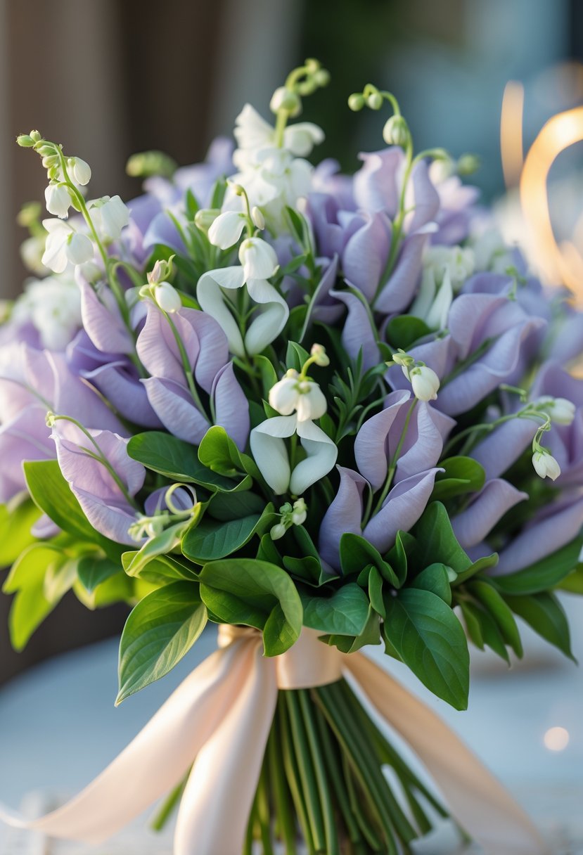 A small wedding bouquet of lilac and white sweet pea flowers with green leaves, tied with a ribbon.