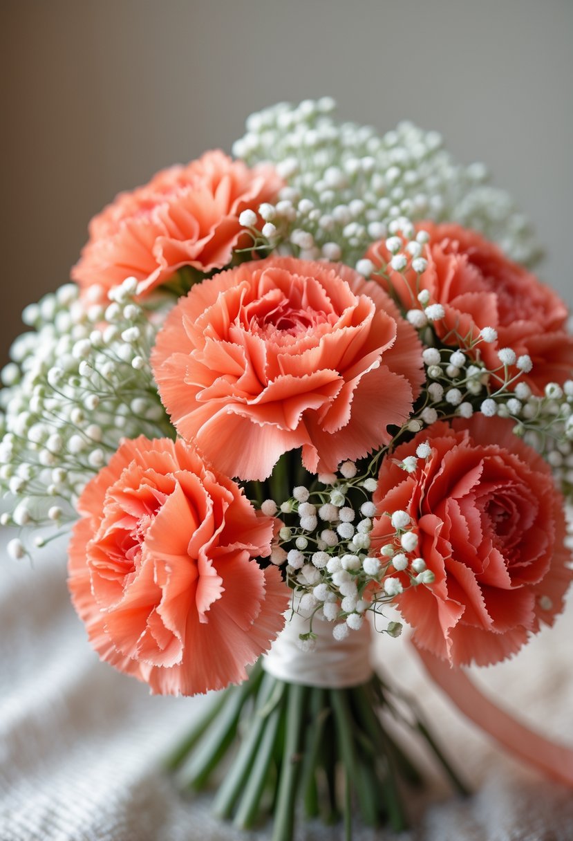A small bouquet of coral carnations and white baby's breath flowers against a blurred neutral background.