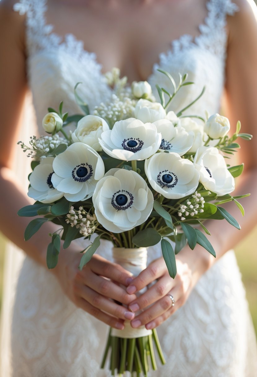 A small wedding bouquet with ivory anemone flowers and greenery held by a bride in a white dress.