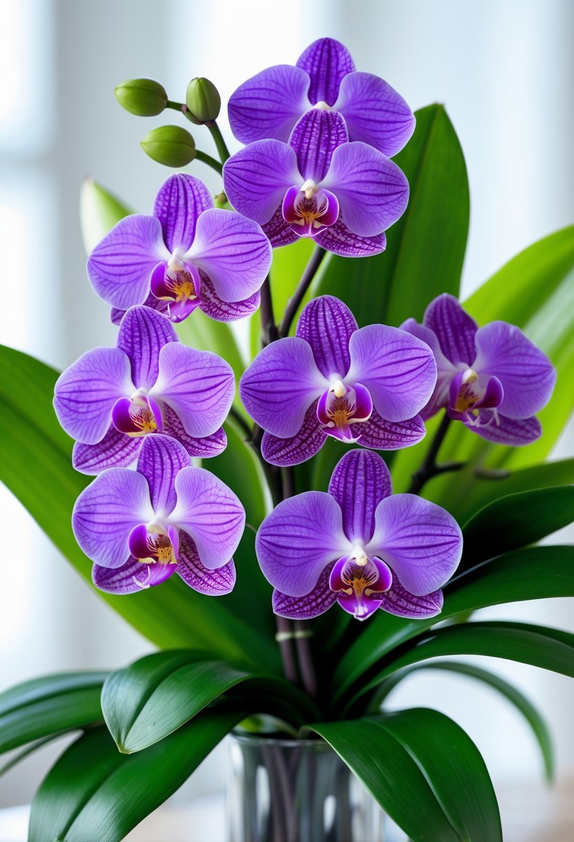 A small bouquet of violet orchids with green leaves.