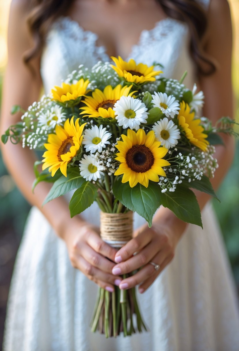 A small wedding bouquet of mini sunflowers and white daisies held by a person wearing a white lace dress.