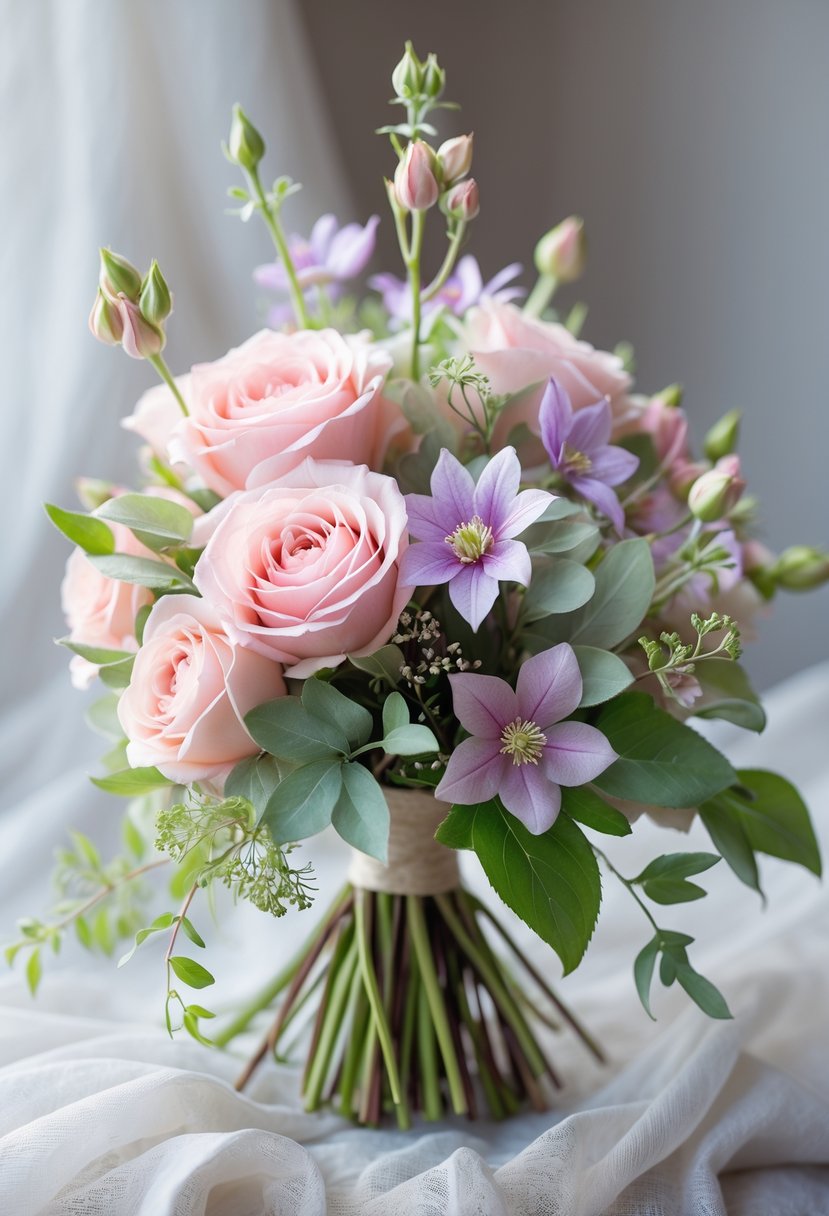 A small bouquet of blush pink roses and purple clematis flowers with green leaves.