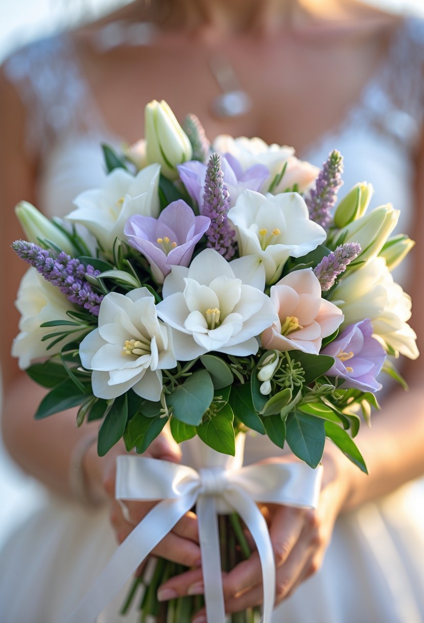 A small bouquet of pastel freesias with green leaves held by a person against a softly blurred background.