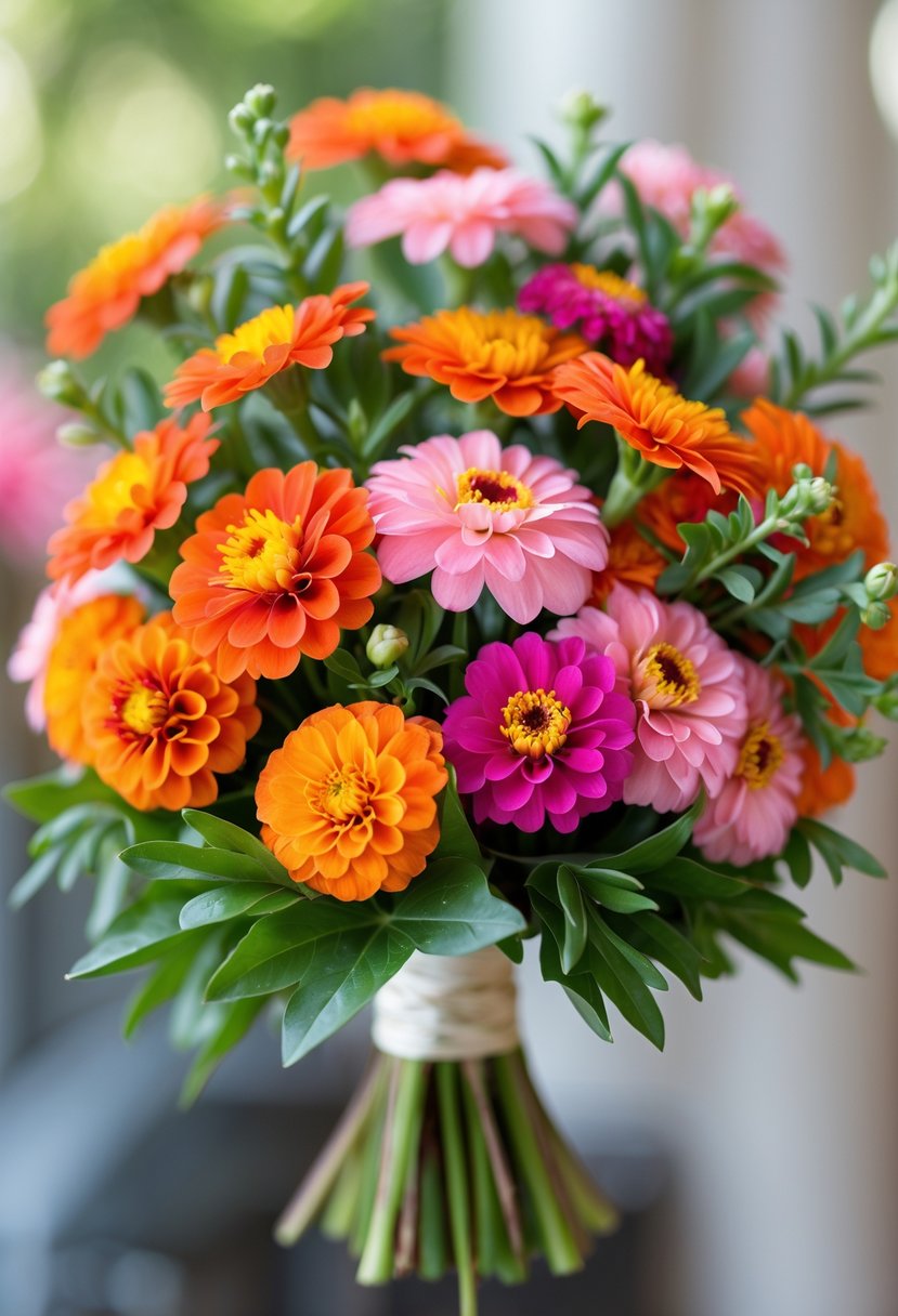A small wedding bouquet of bright orange and pink zinnias with green leaves.