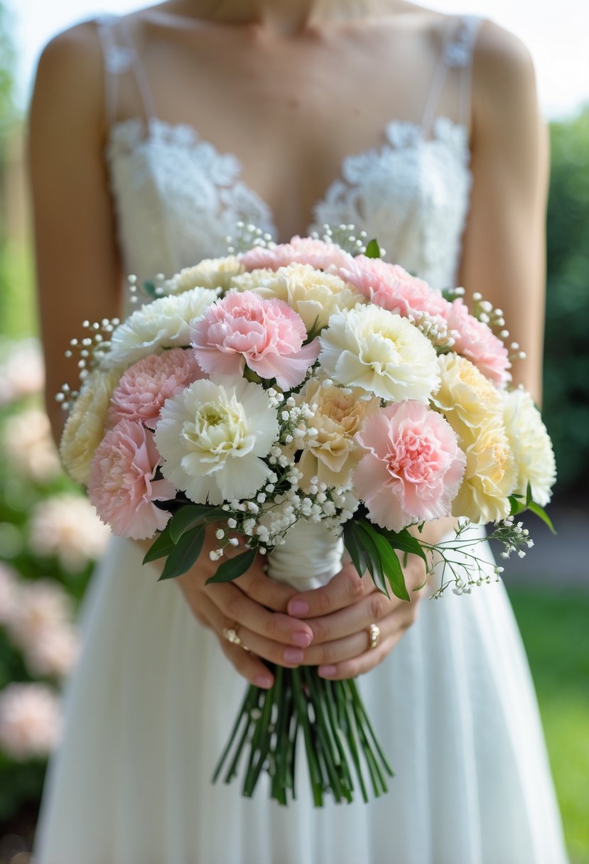 A small wedding bouquet of pink, white, and cream mini carnations held by a bride in a white dress with a garden background.