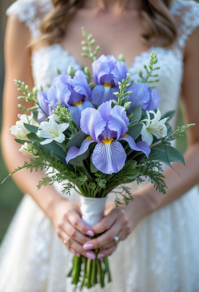 A small wedding bouquet of soft violet iris flowers with green leaves held by a bride in a white dress.