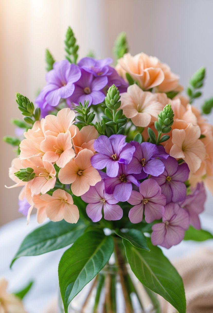 A small bouquet of peach and purple garden phlox flowers with green leaves.