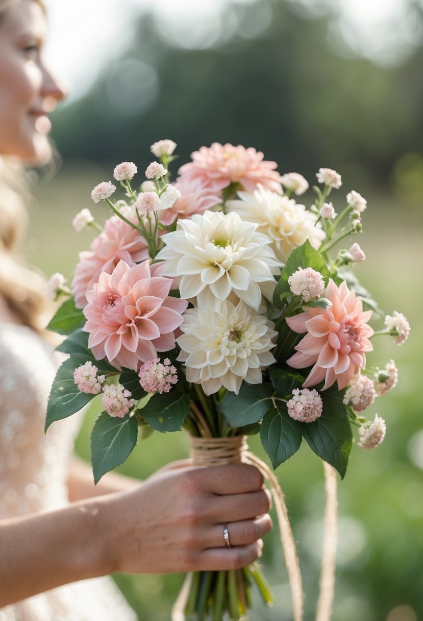 A small wedding bouquet of mini dahlias and waxflowers held by a person outdoors.