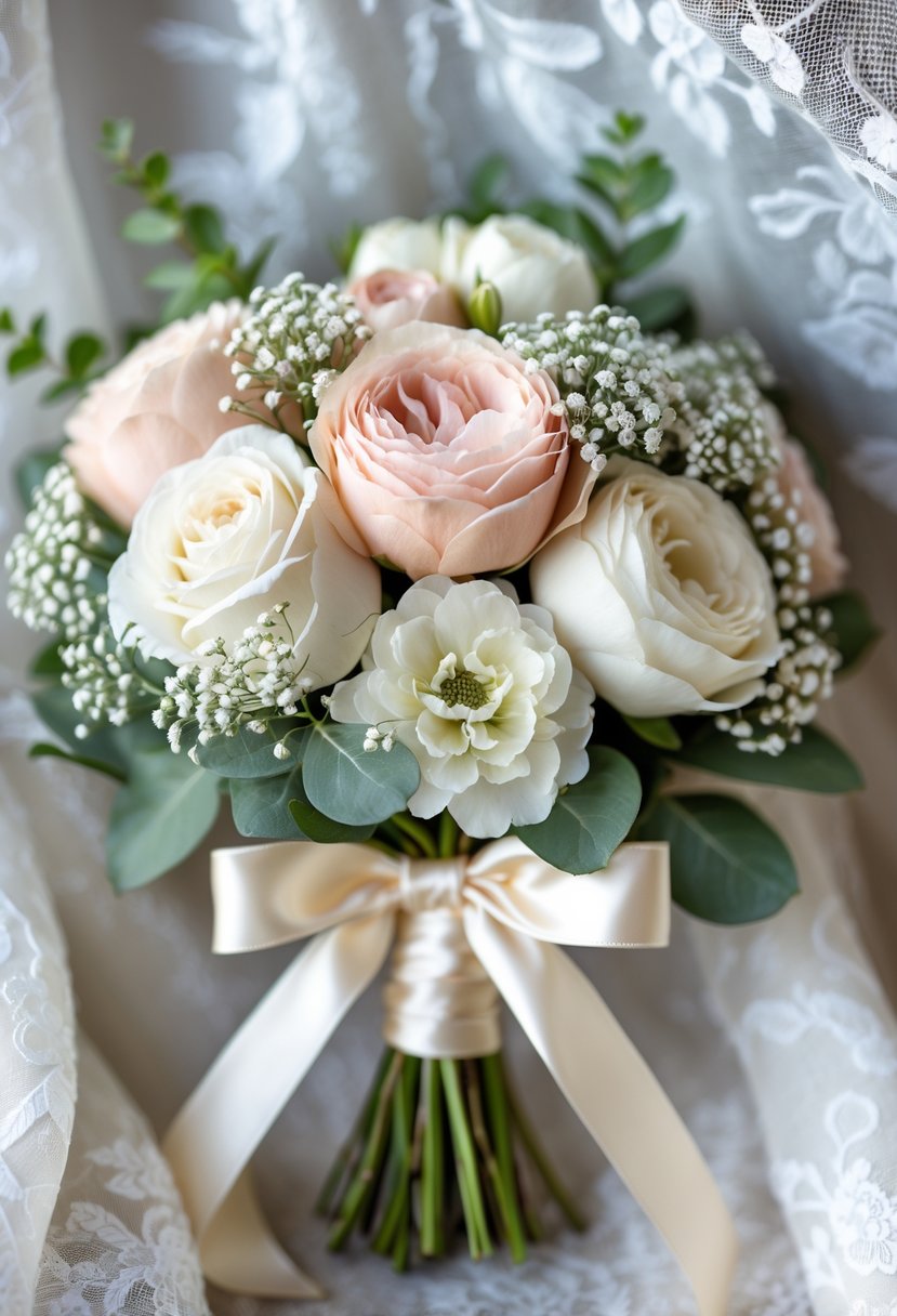 A small wedding bouquet of white roses, pink peonies, and green eucalyptus leaves tied with a cream ribbon on white lace fabric.