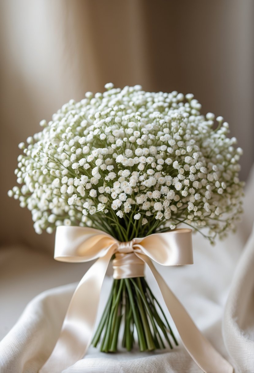 A small round bouquet of white baby's breath flowers wrapped with a light satin ribbon.