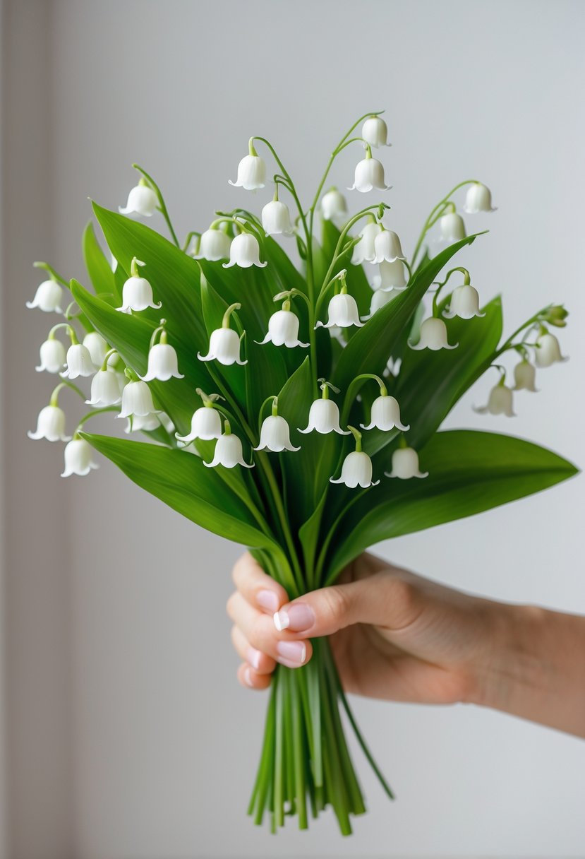 A small bouquet of white Lily of the Valley flowers with green leaves held in one hand against a plain background.