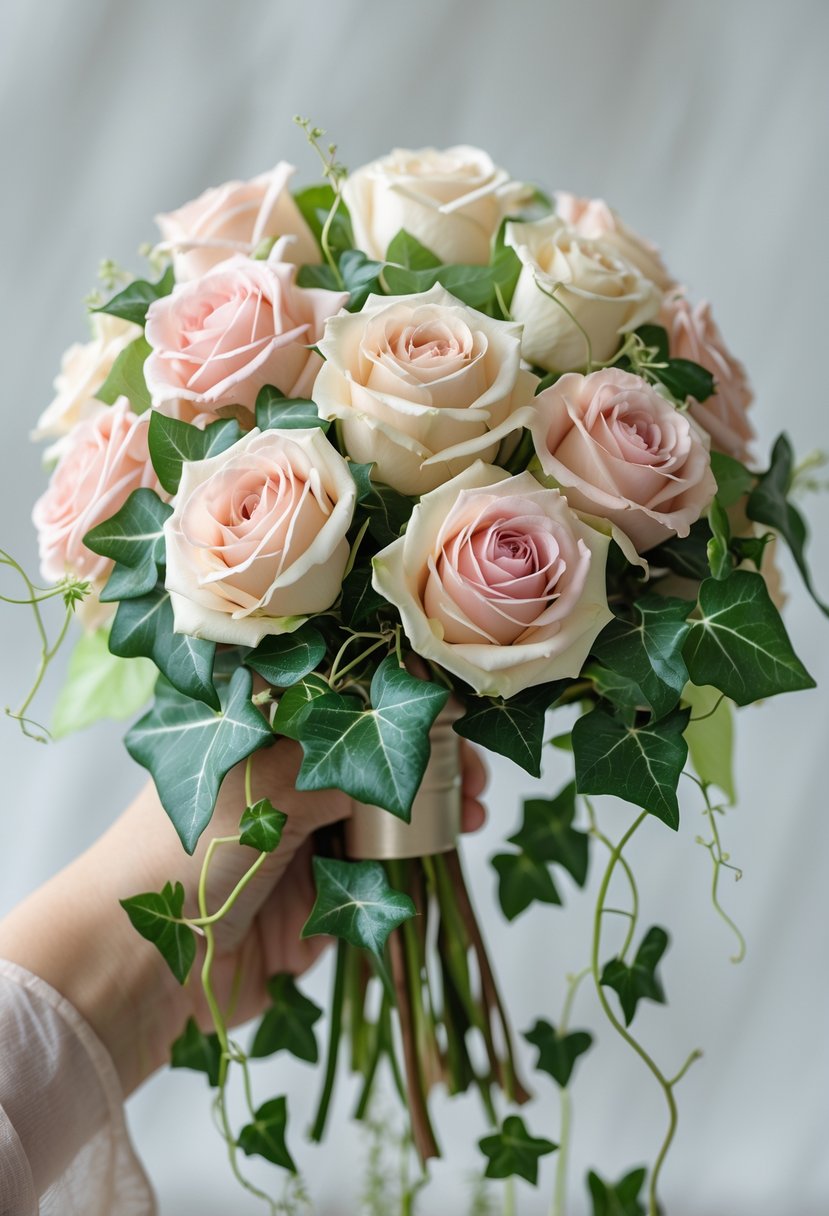 A small cluster of roses with green ivy leaves forming a mini wedding bouquet.