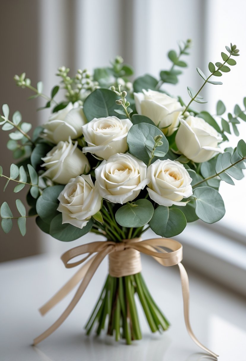 A small bouquet of white roses and eucalyptus leaves tied together with a ribbon.