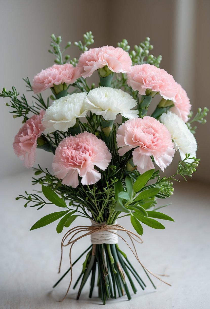 A small bouquet of pink and white carnations with green leaves tied together with ribbon.
