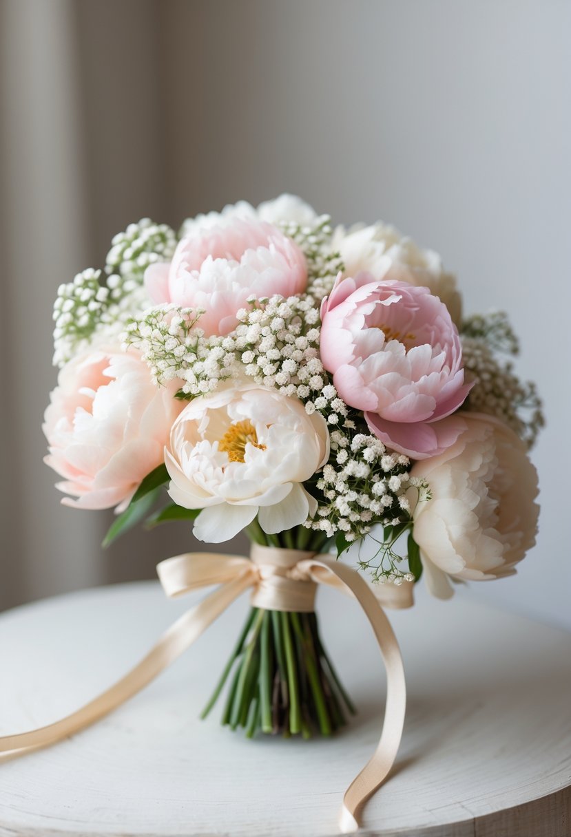 A small wedding bouquet made of pink and white mini peonies with white baby's breath flowers tied with a ribbon on a wooden surface.