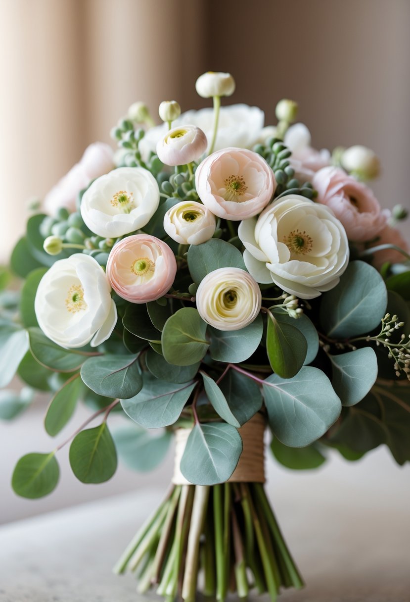 A small wedding bouquet with tiny ranunculus flowers and silver dollar eucalyptus leaves.
