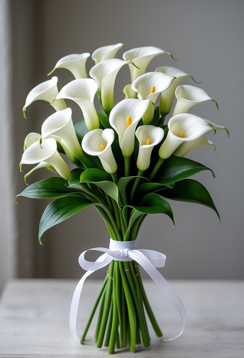A small bouquet of white mini calla lilies tied with a white ribbon against a blurred neutral background.