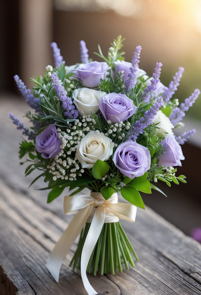 A small wedding bouquet of lavender flowers and white blooms with green leaves, tied with a satin ribbon, resting on a wooden surface.
