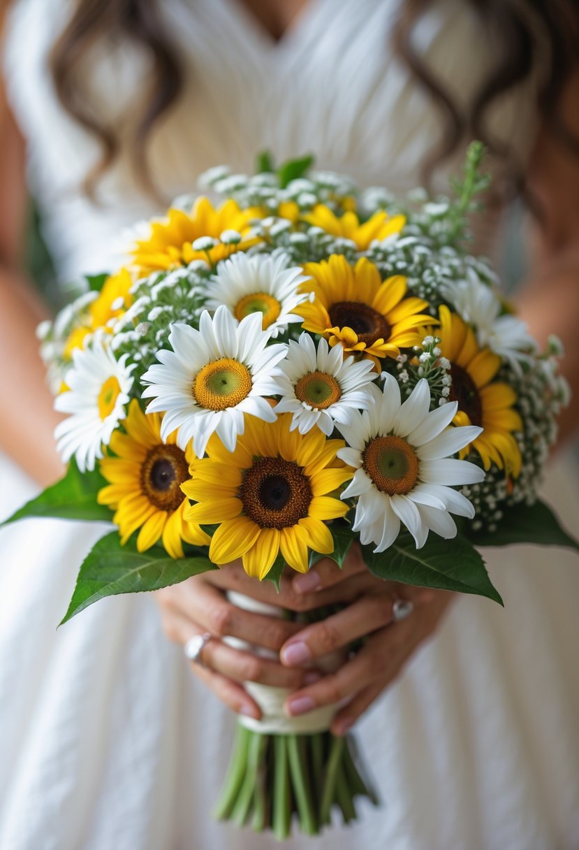 A small bouquet of mini sunflowers and white daisies with green leaves held by hands against a neutral background.
