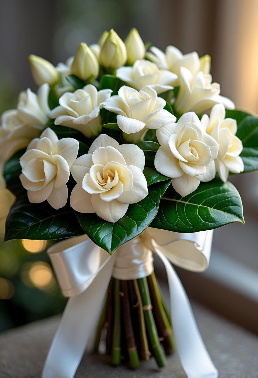 A small bouquet of creamy white gardenia buds with green leaves tied with a white ribbon.