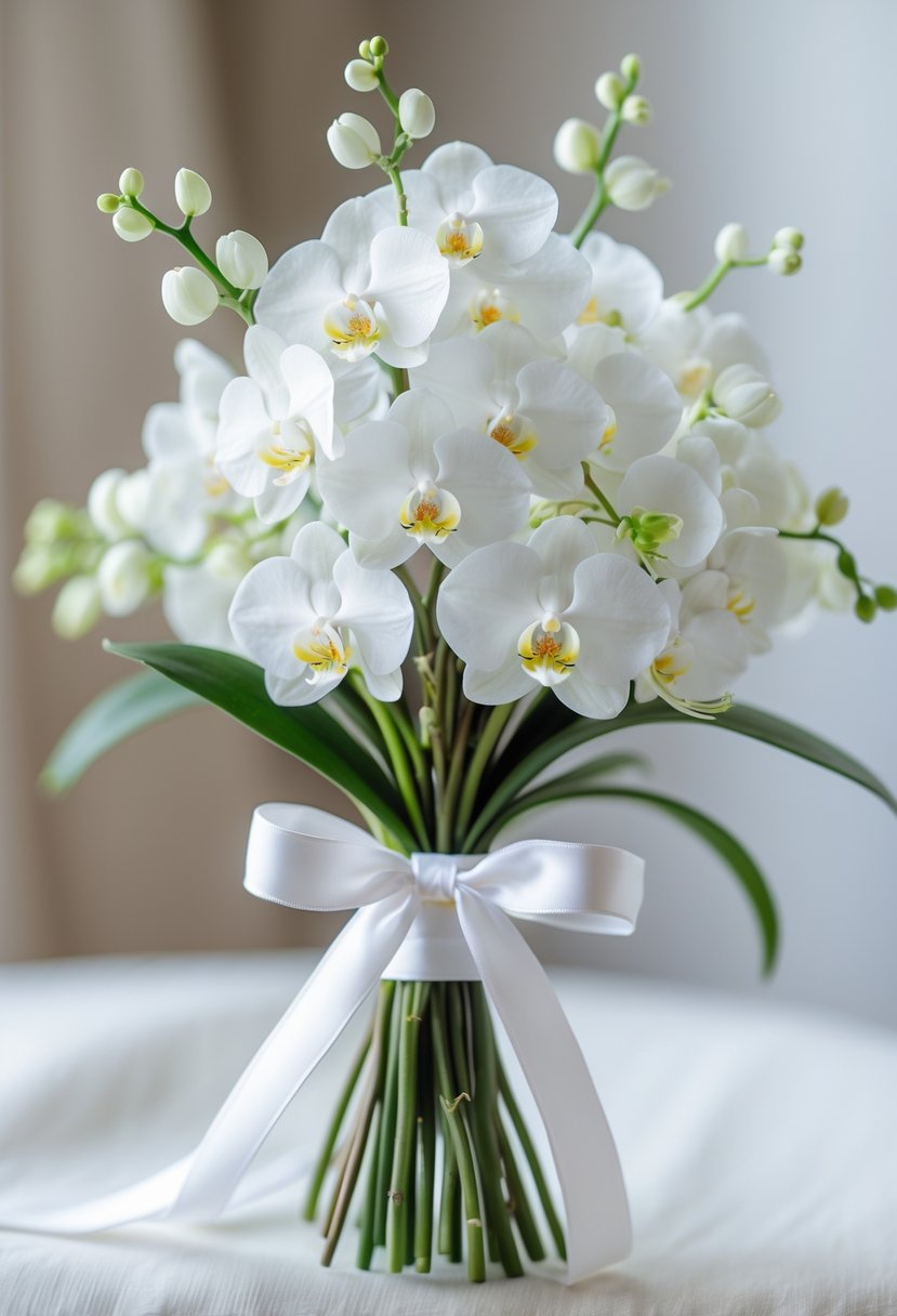 A small wedding bouquet of white miniature orchids with green leaves tied with a white ribbon.
