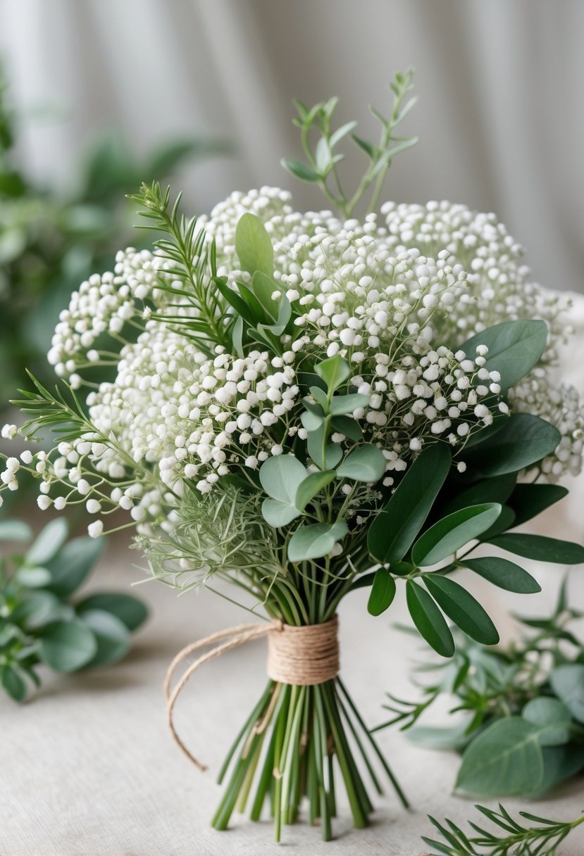 A small bouquet of white baby's breath flowers mixed with green leaves tied together with twine.
