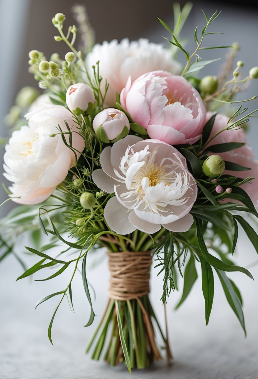 A small wedding bouquet with pink and white peonies mixed with wild green leaves and foliage.