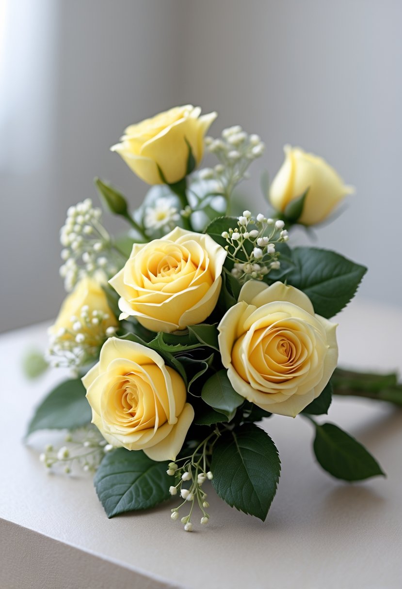 A small bouquet of yellow roses with green leaves on a neutral surface.