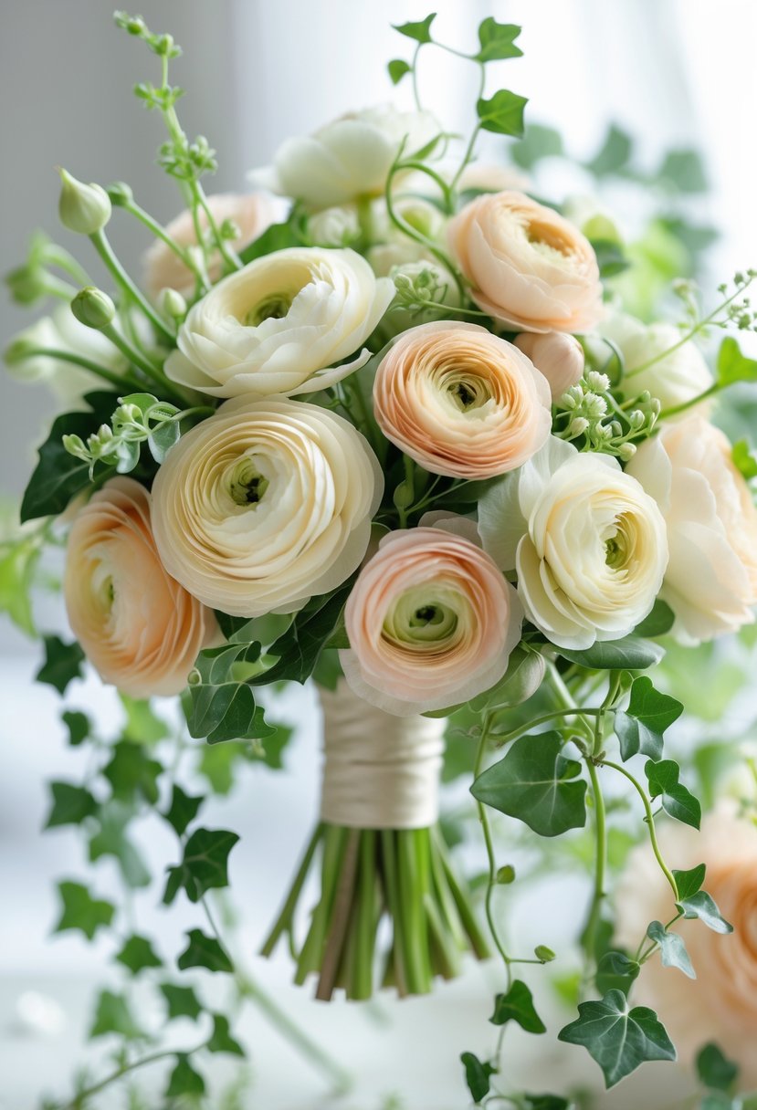 An asymmetrical mini wedding bouquet with ranunculus flowers and trailing ivy leaves.