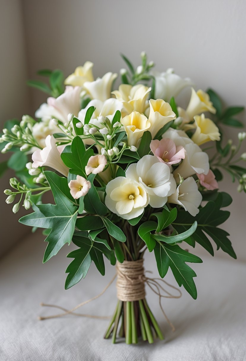 A small wedding bouquet made of tiny freesia flowers and green myrtle leaves tied together.