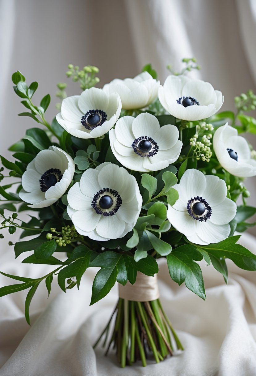 A small wedding bouquet of white anemone flowers with green leaves against a soft neutral background.