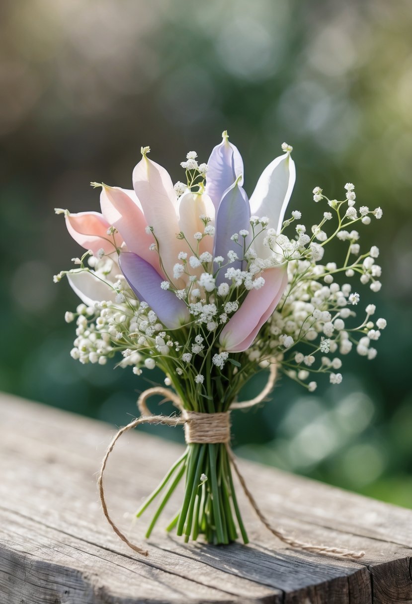 A small bouquet of pink sweet peas and white baby's breath flowers tied together resting on a wooden surface.