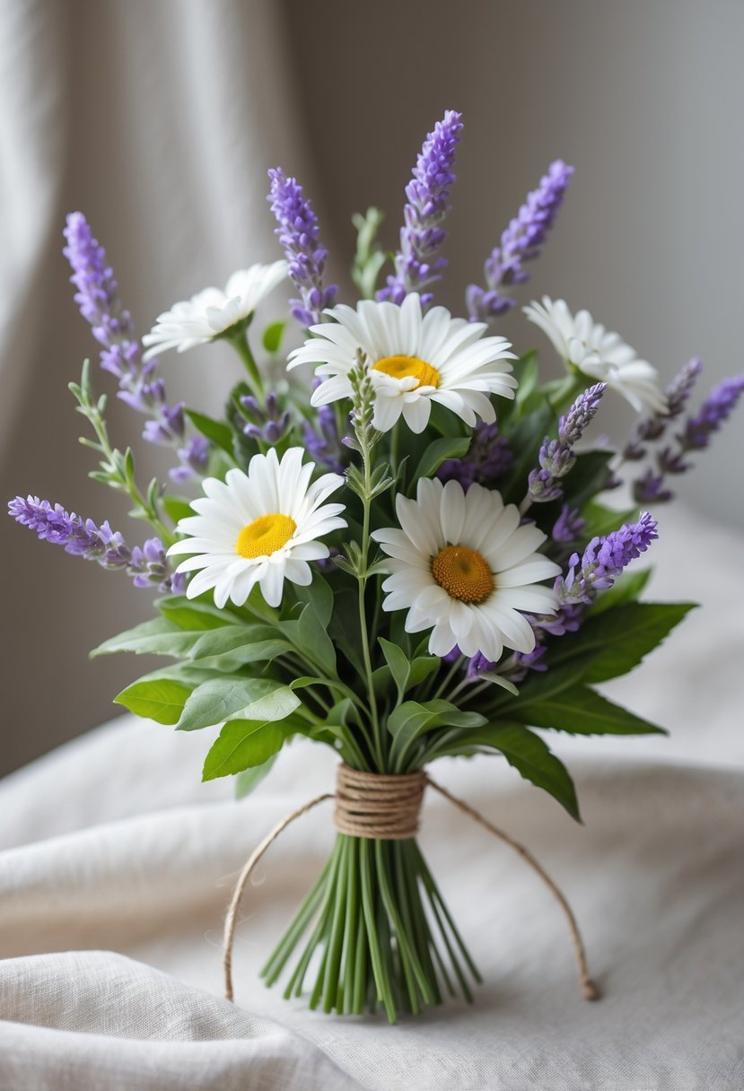 A small bouquet of white daisies and purple lavender sprigs with green leaves.