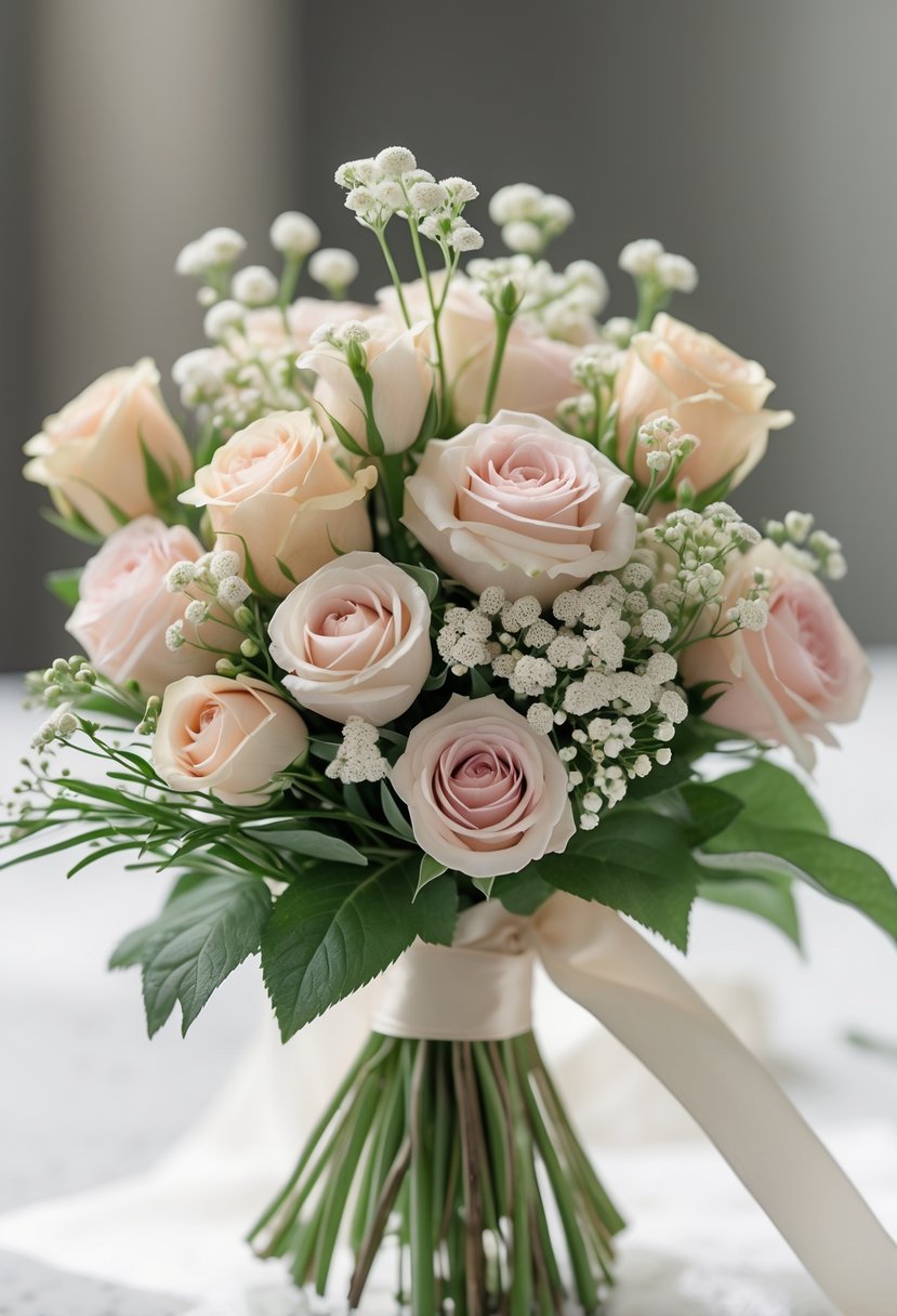 A small wedding bouquet of pastel spray roses and white waxflowers with green leaves.