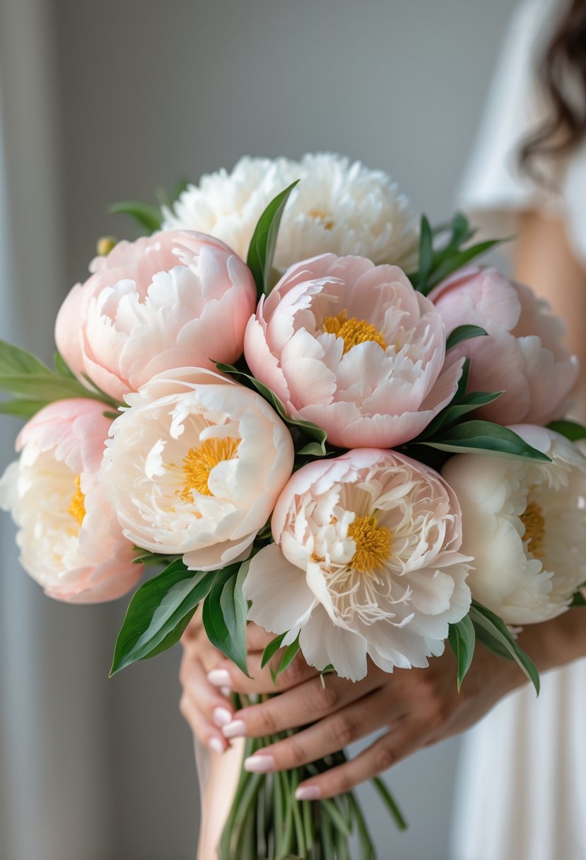 A small bouquet of pastel-colored peonies held by hands against a blurred neutral background.