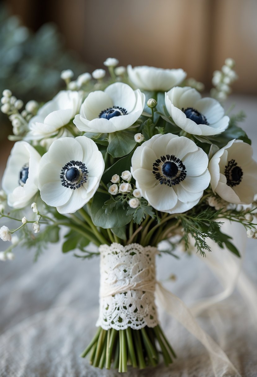 A small wedding bouquet with white anemone flowers and green leaves wrapped in lace.