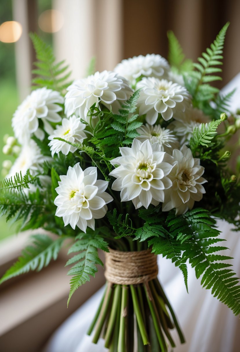A small wedding bouquet made of white dahlias and green ferns tied together with twine.