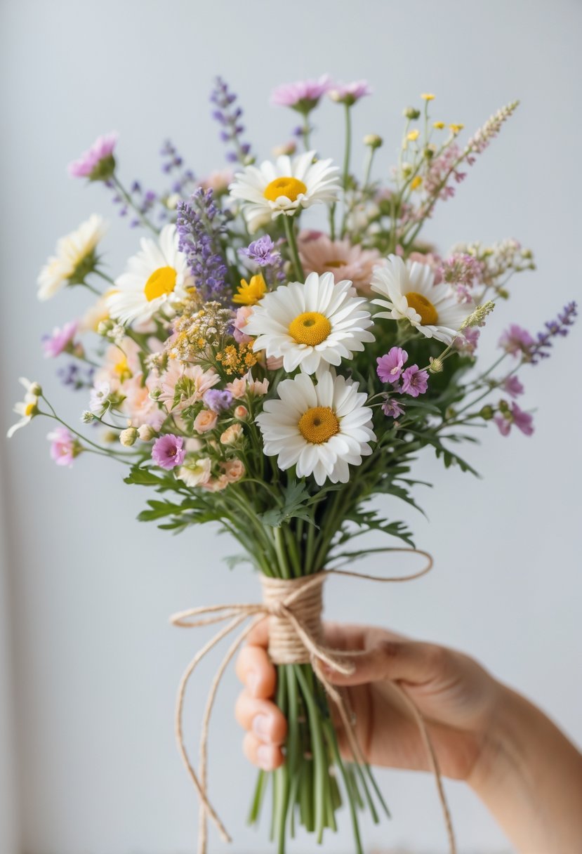 A small hand-held bouquet of white daisies and colorful wildflowers against a soft neutral background.