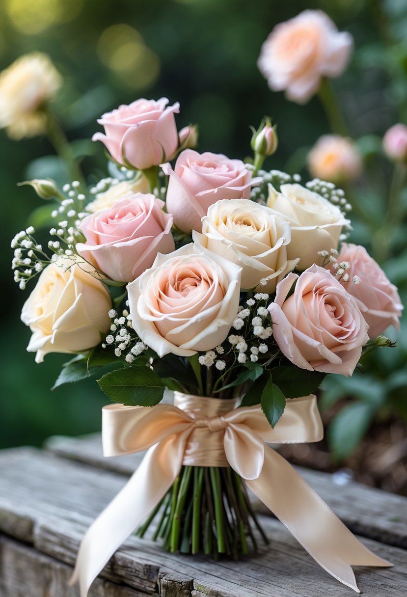 A small bouquet of pastel garden roses tied with a satin ribbon resting on a wooden surface with blurred greenery in the background.
