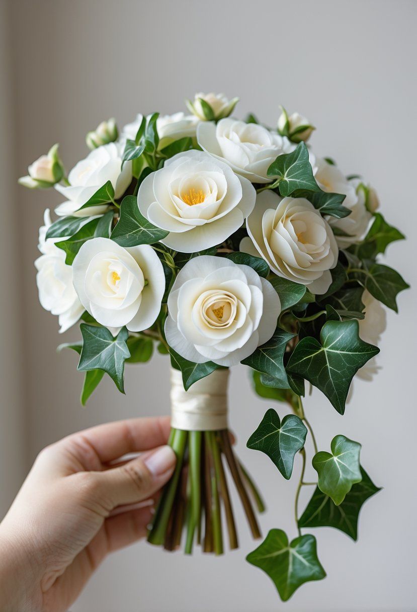 A small wedding bouquet with white camellia flowers and green ivy leaves held against a neutral background.
