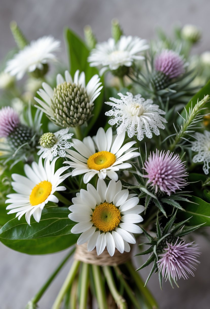 A small bouquet of wildflowers including daisies, Queen Anne’s lace, and thistles with green leaves.