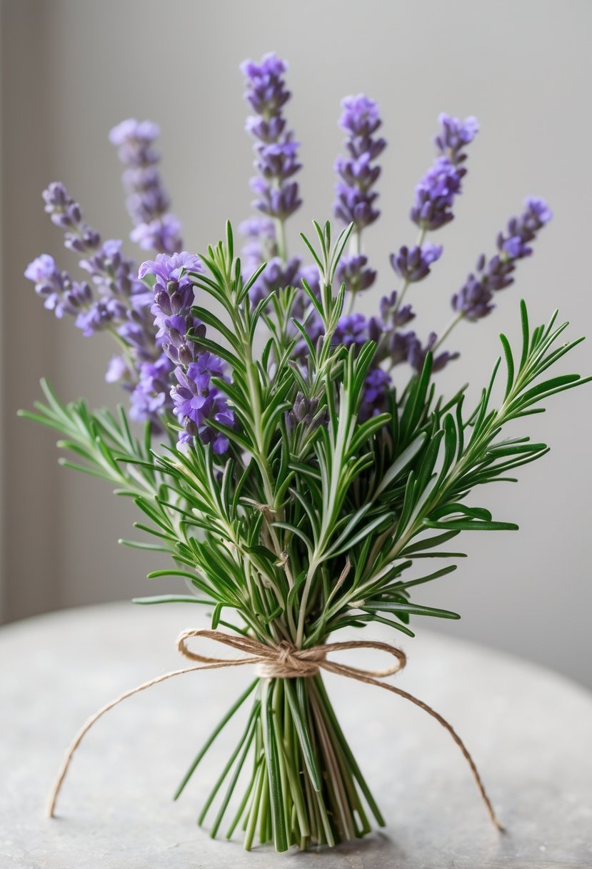 A small wedding bouquet made of lavender and rosemary sprigs tied together, placed on a light surface.